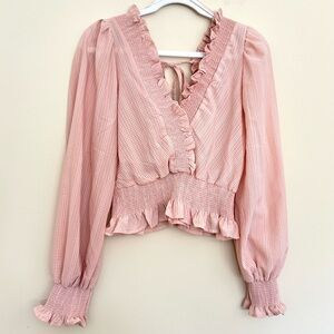 🔆Blu Pepper Women’s Pink Ruffle V-Neck Smocked Waist Long Sleeve Blouse